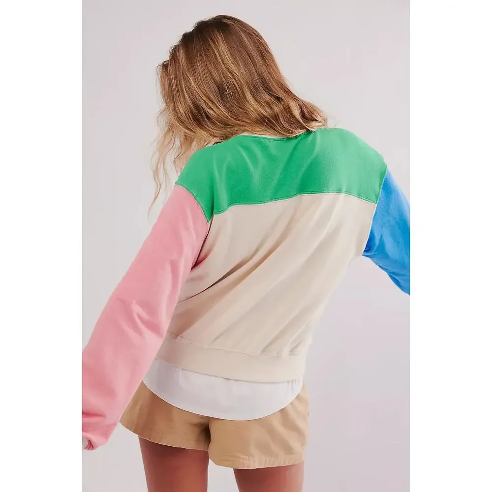 Free People X Daydreamer Crest colorblock cream sweatshirt size large